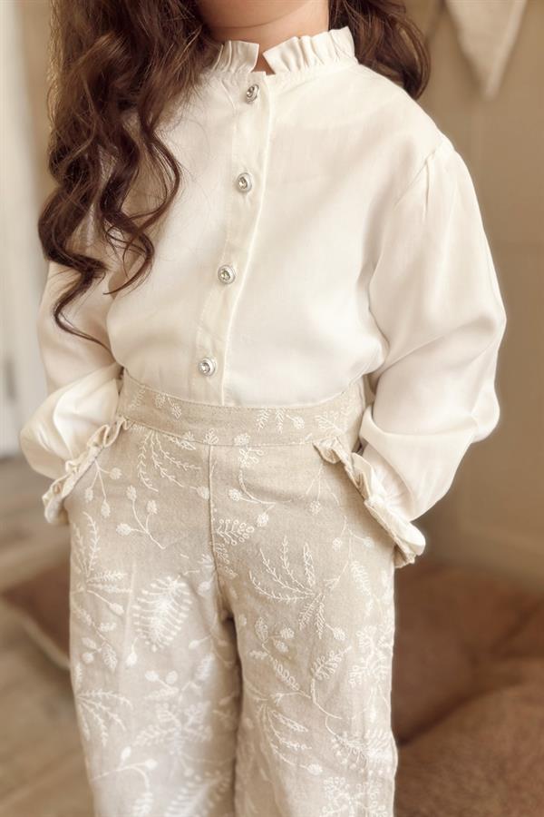 Taşlı Düğme Detaylı Kız Çocuk Gömlek Ekru