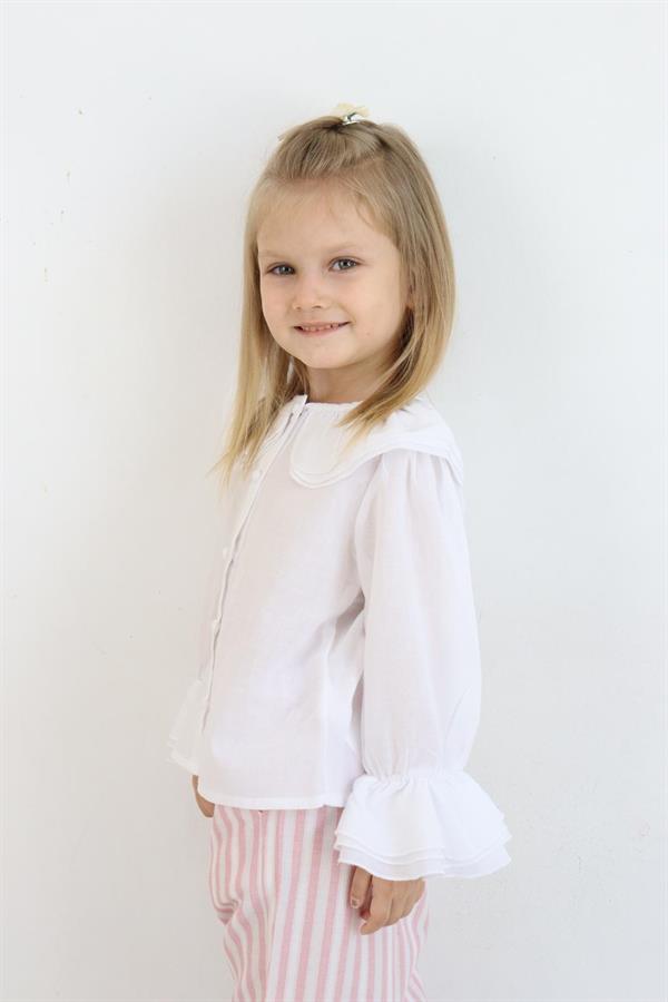 Yaka Detaylı Kız Çocuk Gömlek Ekru