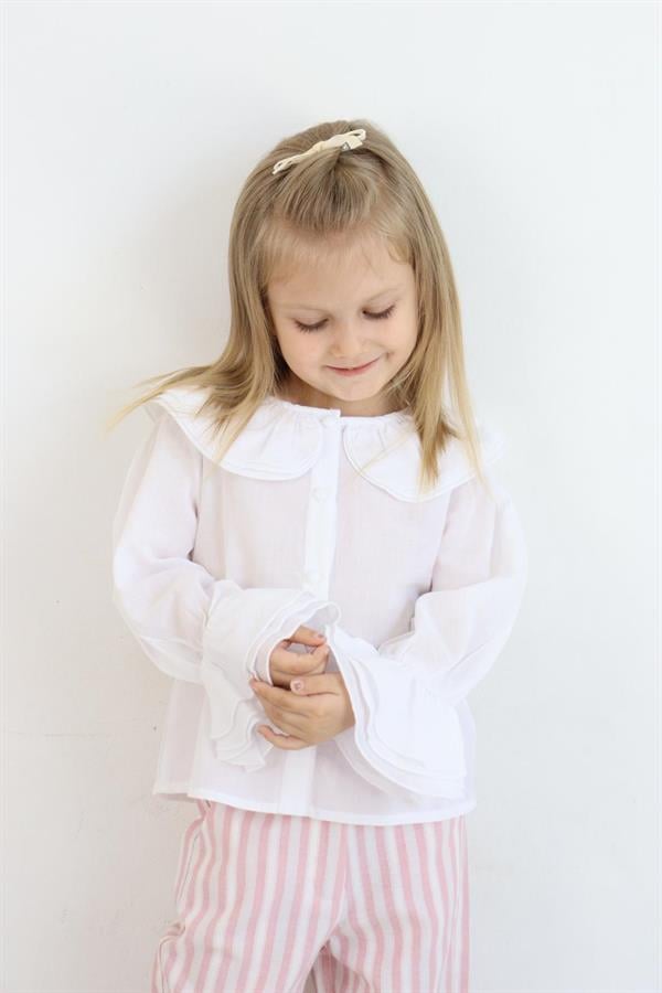 Yaka Detaylı Kız Çocuk Gömlek Ekru