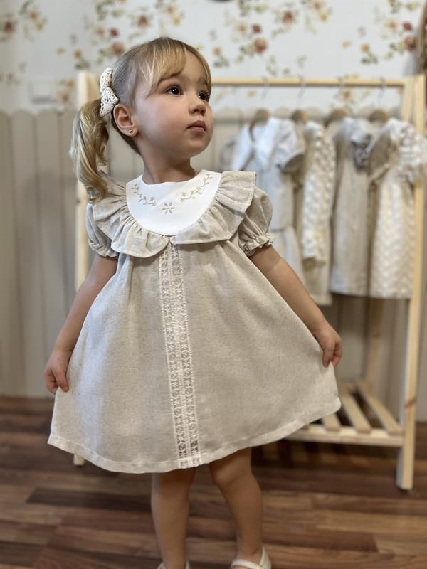Yakası Fırfırlı Karpuz Kol Kız Bebek Elbise Premium Seri %100 Keten Bej