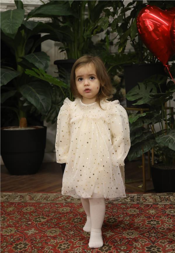 Yıldızlı Tül Kız Bebek Elbise Krem
