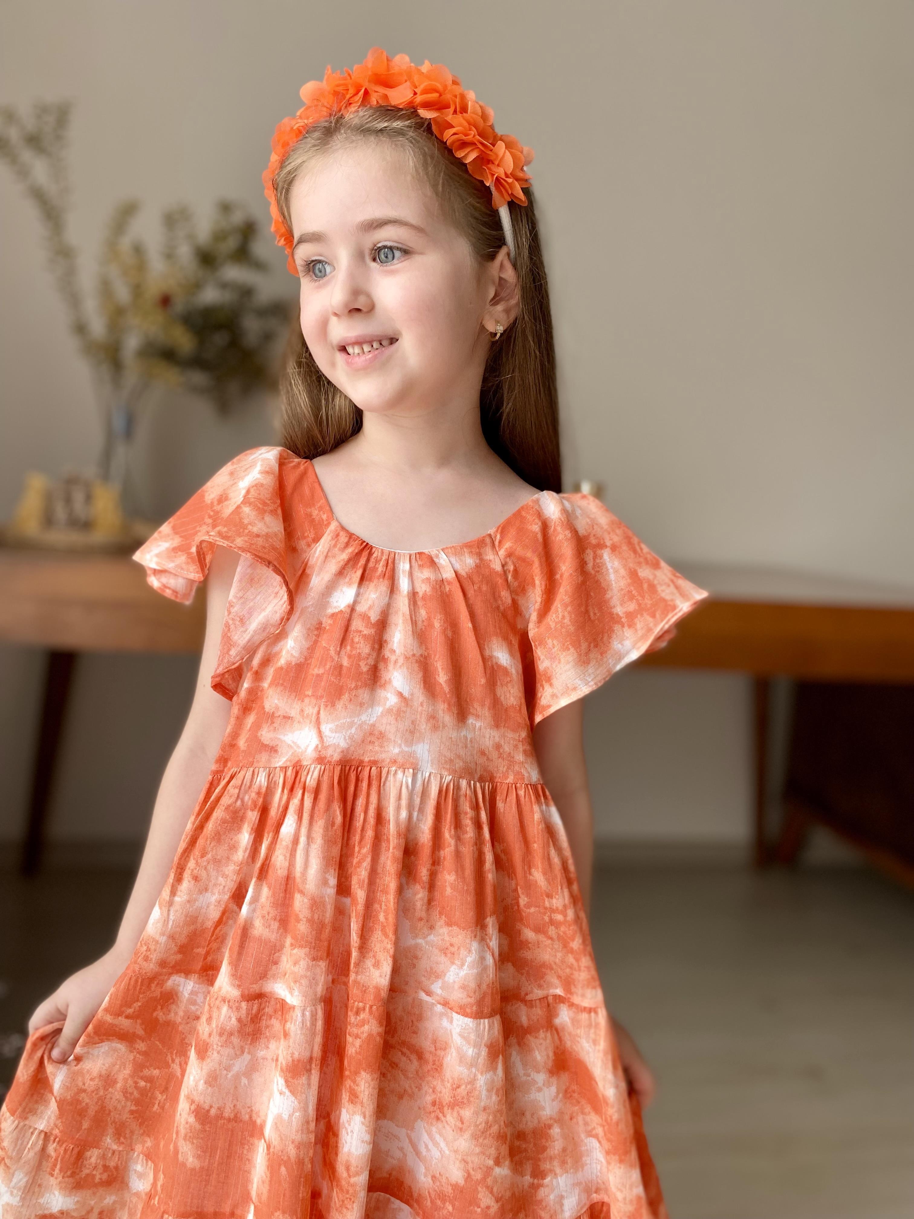 Batik Desen Mendil Kol Elbise Turuncu