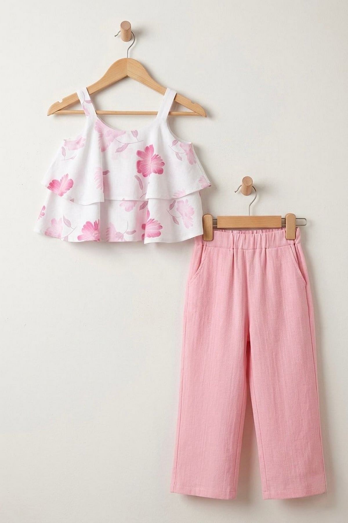 Çiçek Desen Bluz Keten Pantolon Takım Pembe