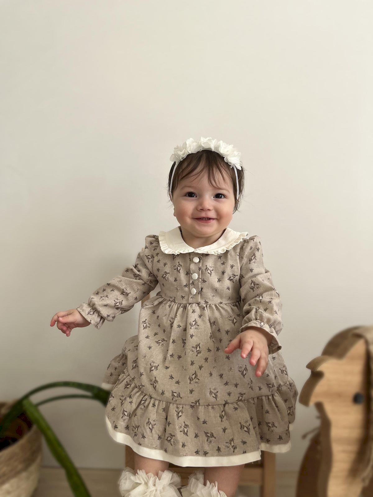 Doğal Desenli Keten Kız Bebek Elbise Kahverengi