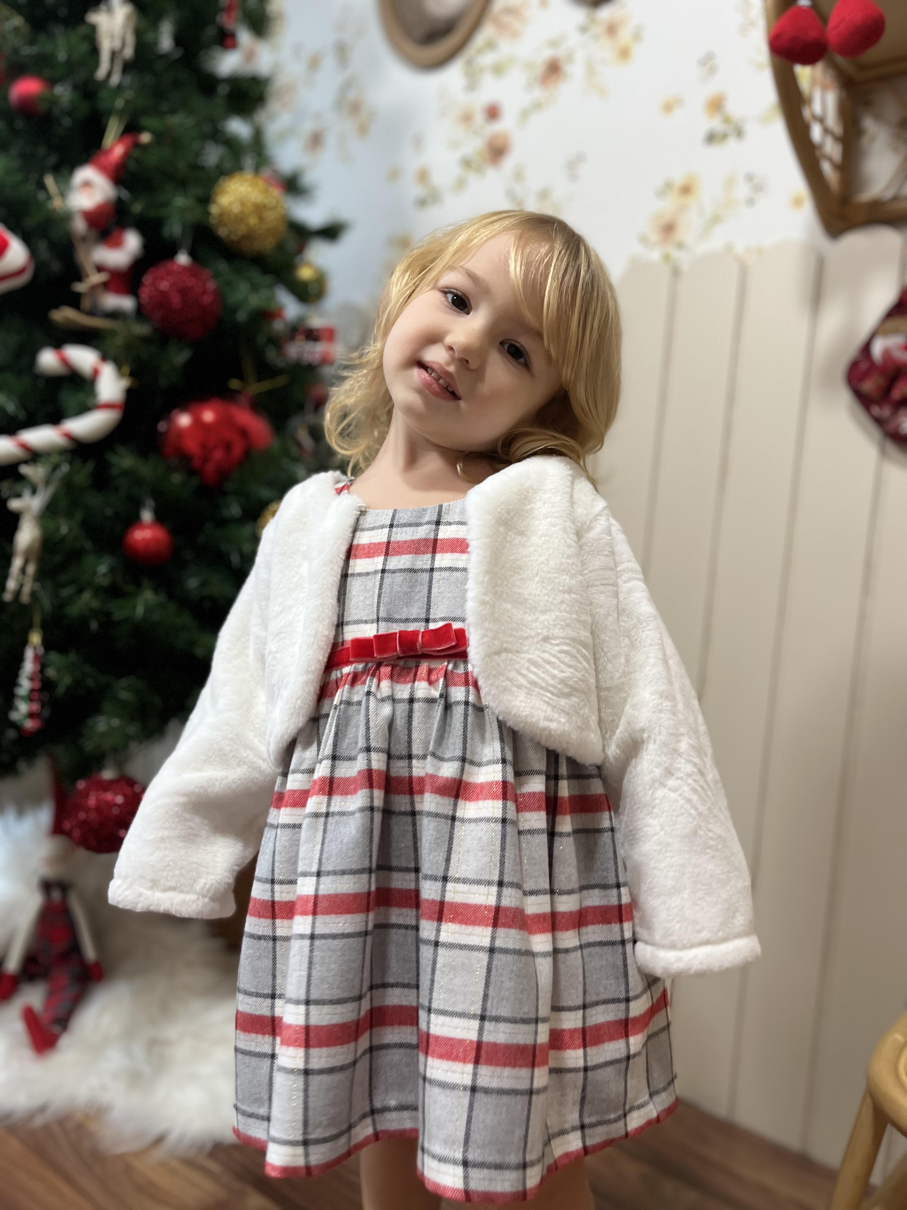 Ekose Desen 2'li Kız Çocuk Kürklü Jile Takım Beyaz