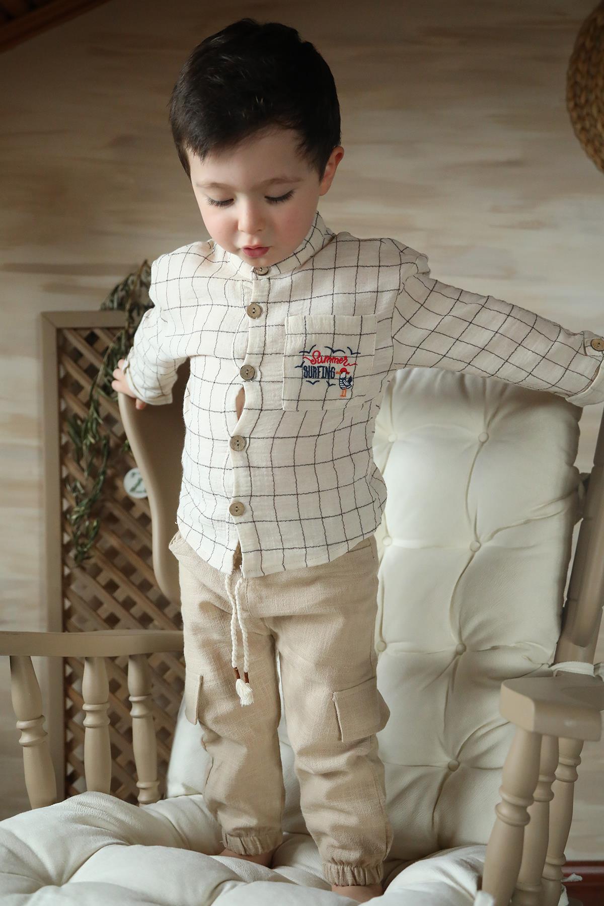 Erkek Çocuk Keten Kumaş 2'li Takım Kargo Cepli Pantolon ve Gömlek
