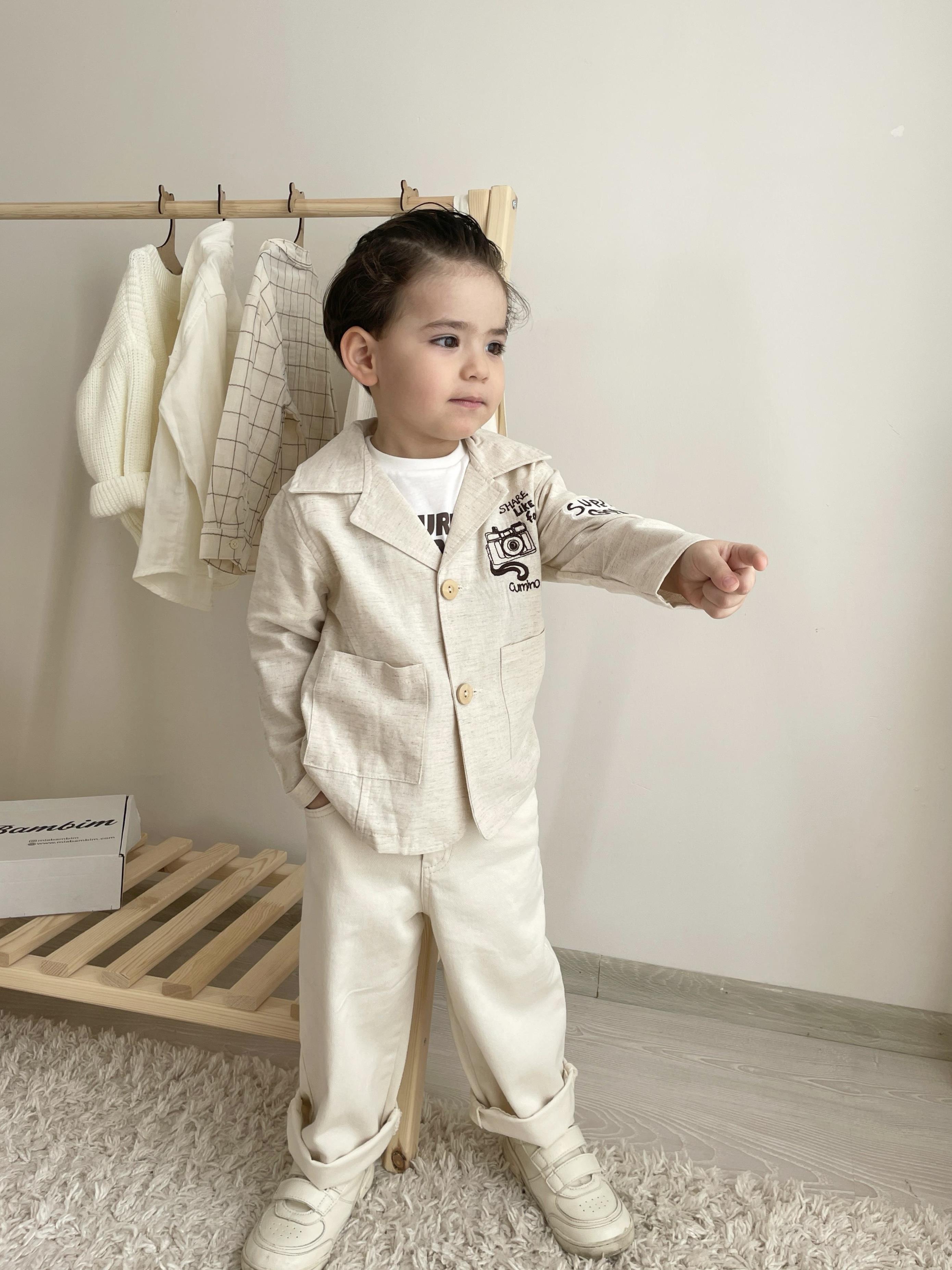 Keten Ceketli 3'lü Erkek Çocuk Takım Bej