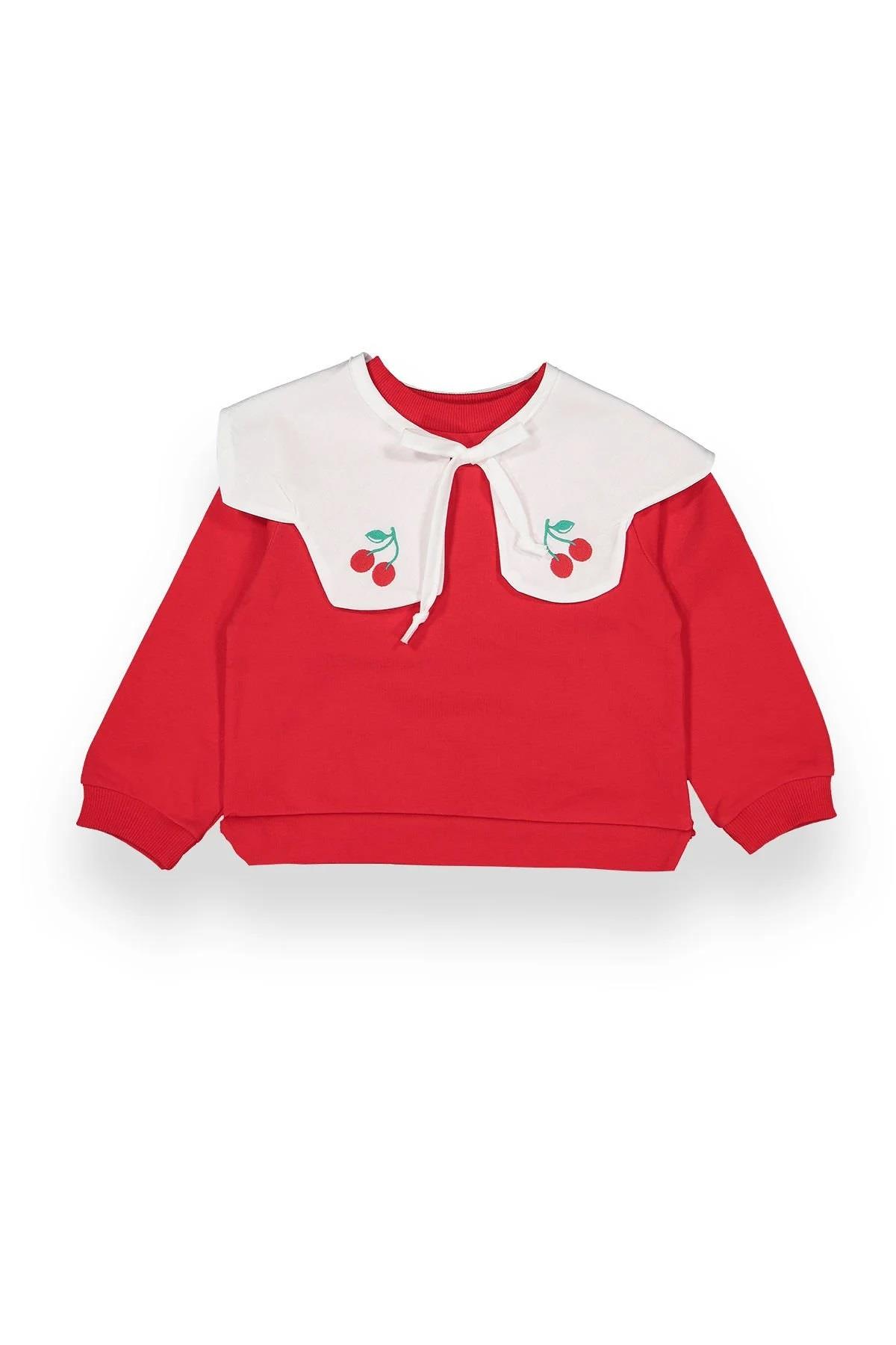 Kız Çocuk Kiraz Nakışlı Bebe Yaka Sweatshirt Kırmızı - Cherry