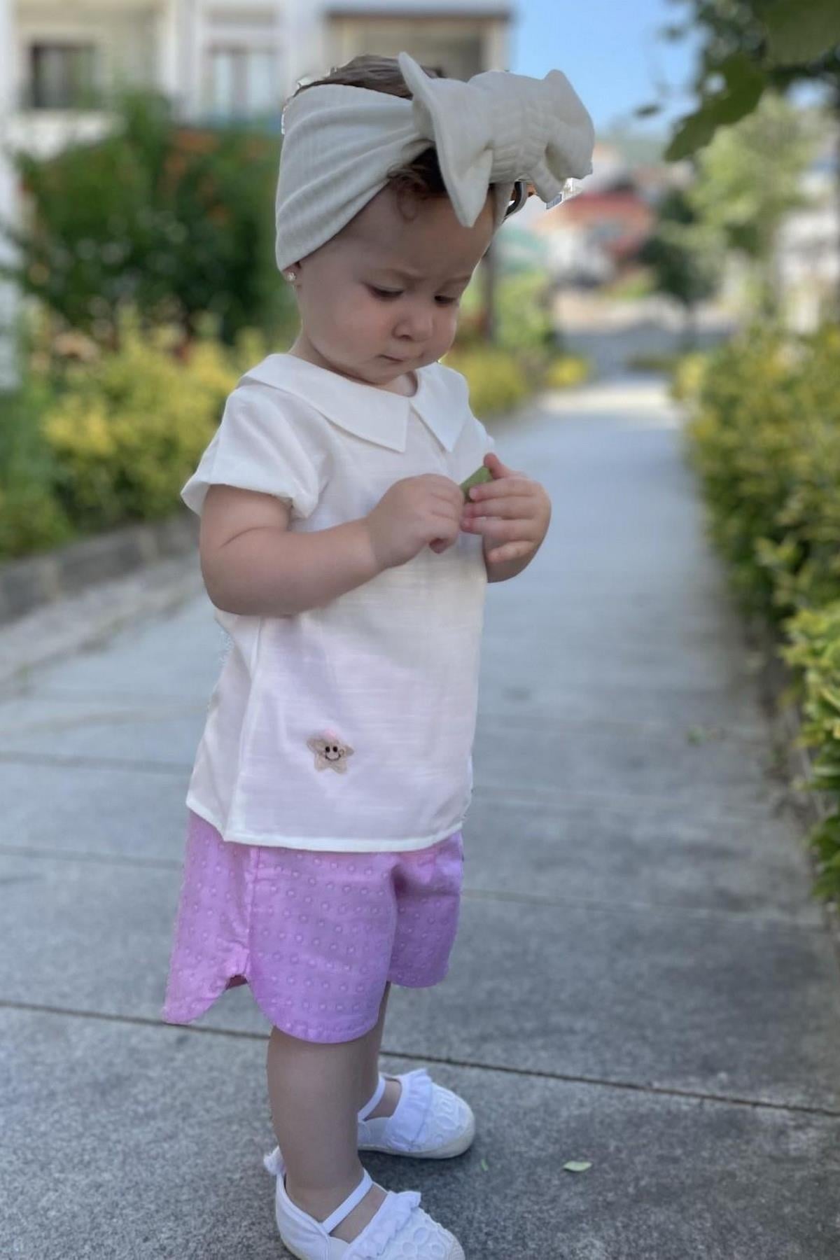 Mini Yaka Detaylı Keten Gömlek Ve Şort Takım Pembe