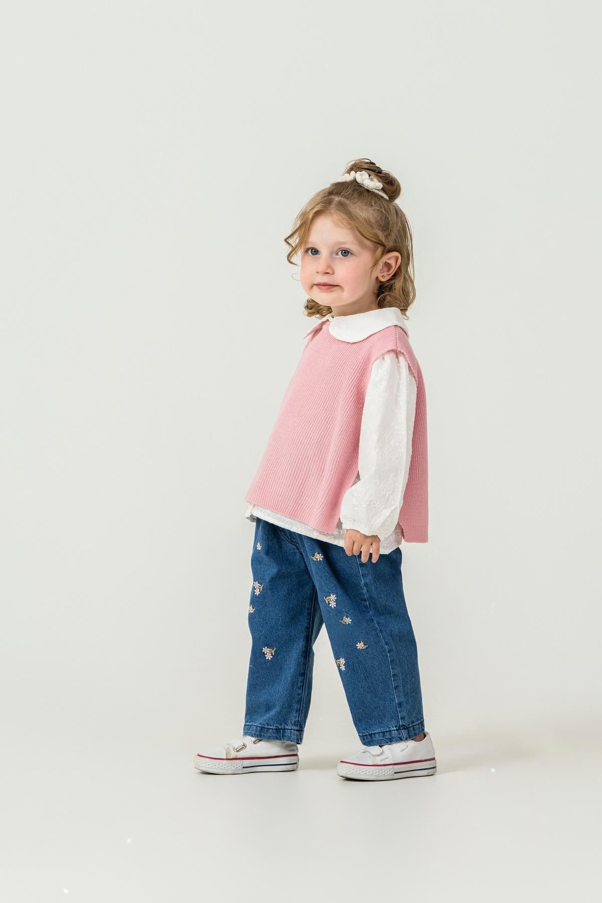 Papatya İşlemeli Gömlek Kot Pantolon Yelek Kız Bebek Takım Pembe