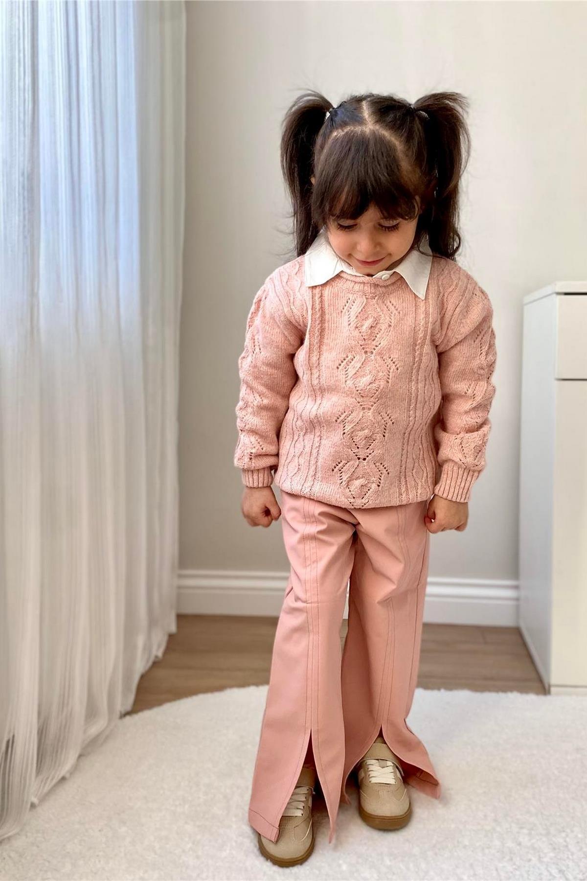 Pembe Balıkçı Yaka Ajurlu Kız Çocuk Kazak Pembe