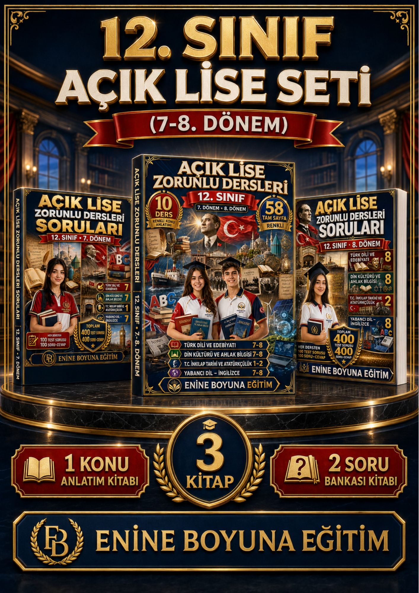 12. SINIF AÇIK LİSE SETİ – 7. VE 8. DÖNEM ZORUNLU DERSLER – 3 KİTAP