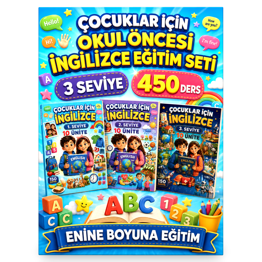 ÇOCUKLAR İÇİN OKUL ÖNCESİ İNGİLİZCE EĞİTİM SETİ – 3 SEVİYE, 450 DERS, TAM SAYFA RENKLİ