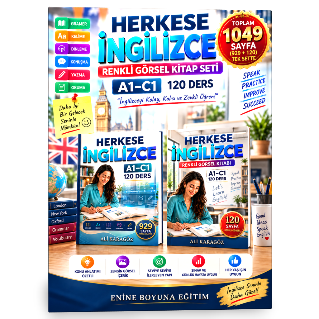 HERKESE İNGİLİZCE A1–C1 | 120 DERS + RENKLİ GÖRSEL KİTAP | TOPLAM 1049 SAYFA