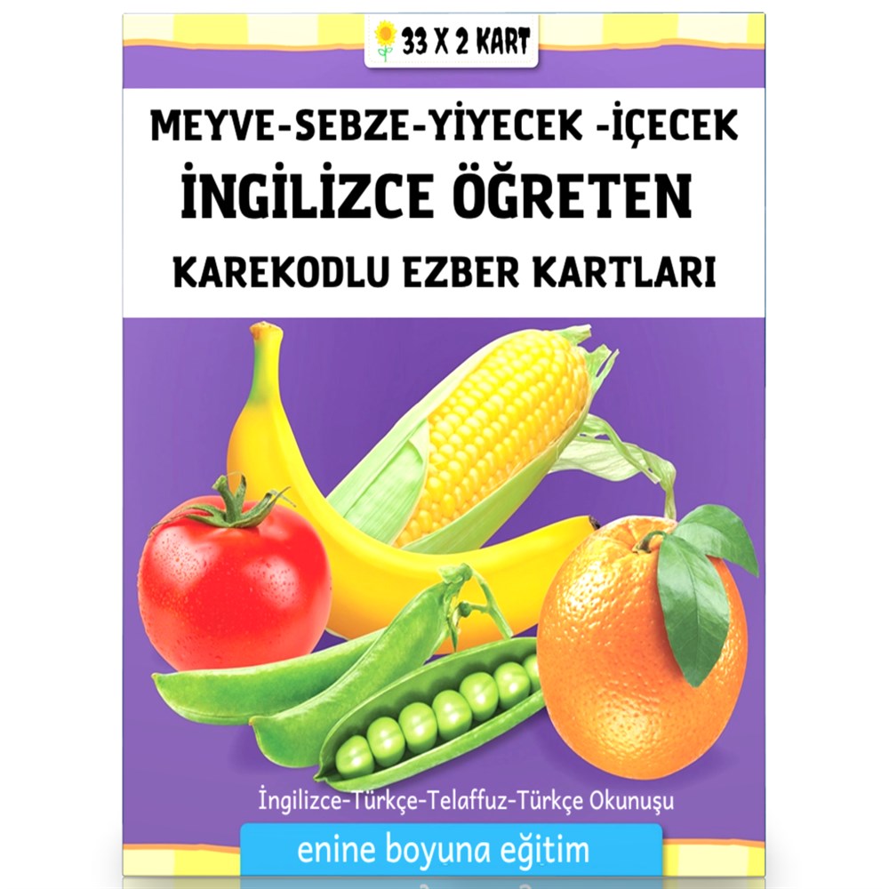 İngilizce Meyve-Sebze-Yiyecek-İçecek Ezber Kartları İngilizce Meyve Kartları İngilizce Sebze Kartları İngilizce Yiyecek Kartları İngilizce İçecek Kartları Kelimenin İngilizcesi, Türkçe Anlamı, Türkçe Okunuşu ve İngilizce Teleffuzu Karekodludur. Toplam 66 