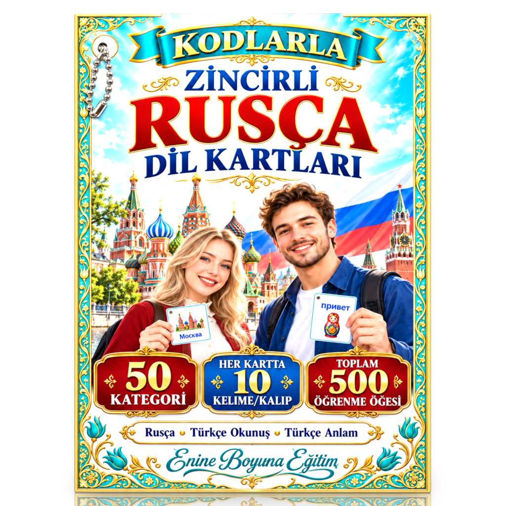 Kodlarla Rusça Dil Kartları- YAZ-SİL ve Laminasyonlu