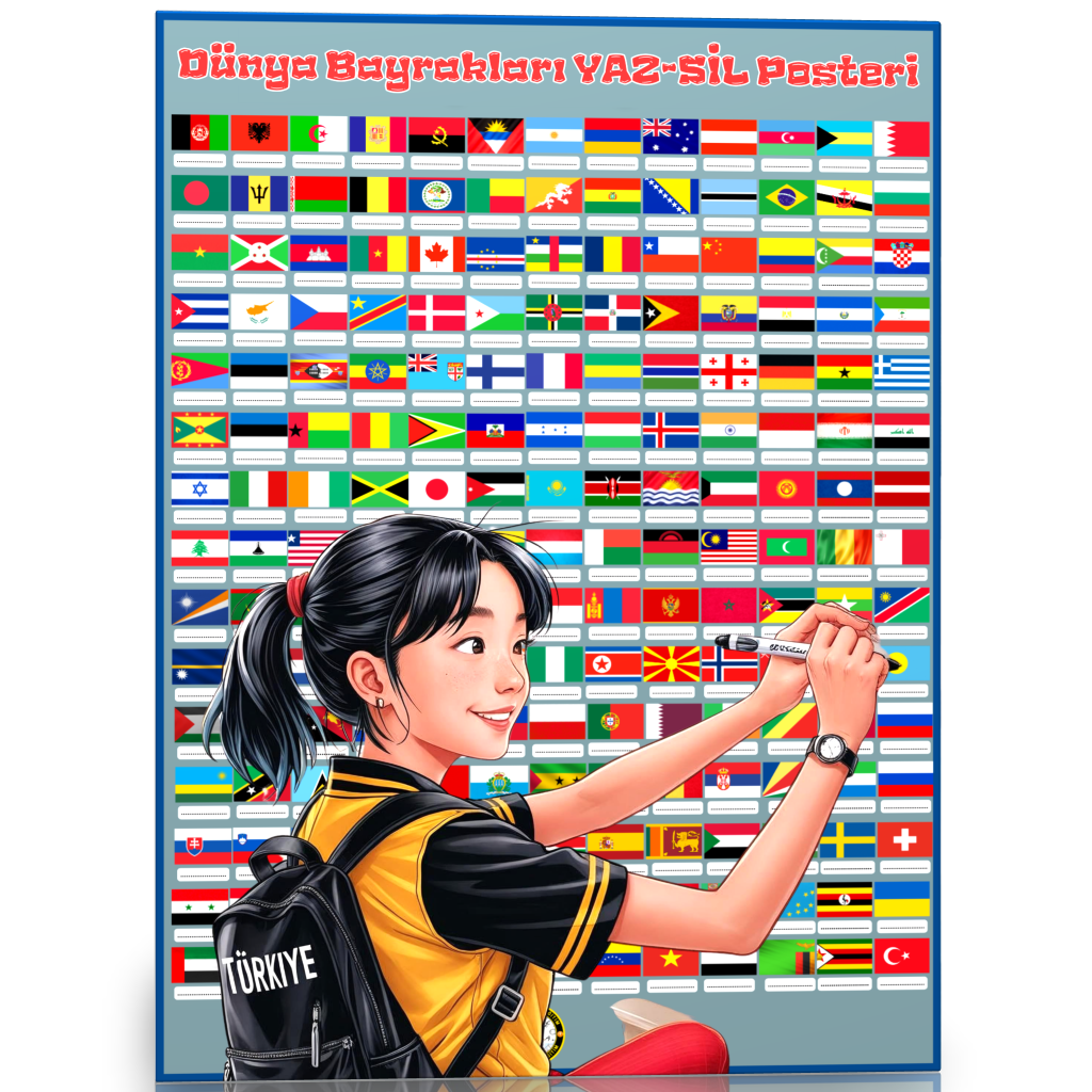 Laminasyonlu Dünya Bayrakları YAZ-SİL Posteri (2 Poster)