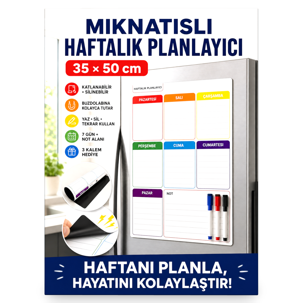 Mıknatıslı Haftalık Planlayıcı – 35 × 50 cm Katlanabilir, Silinebilir Yazı Tahtası + 3 Kalem