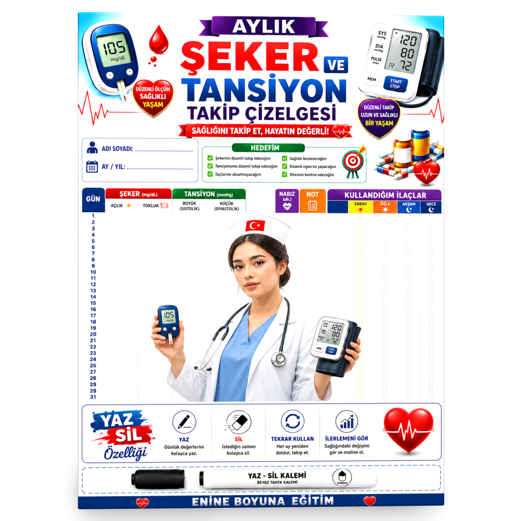 ŞEKER VE TANSİYON TAKİP ÇİZELGESİ – YAZ-SİL DEFTERİ