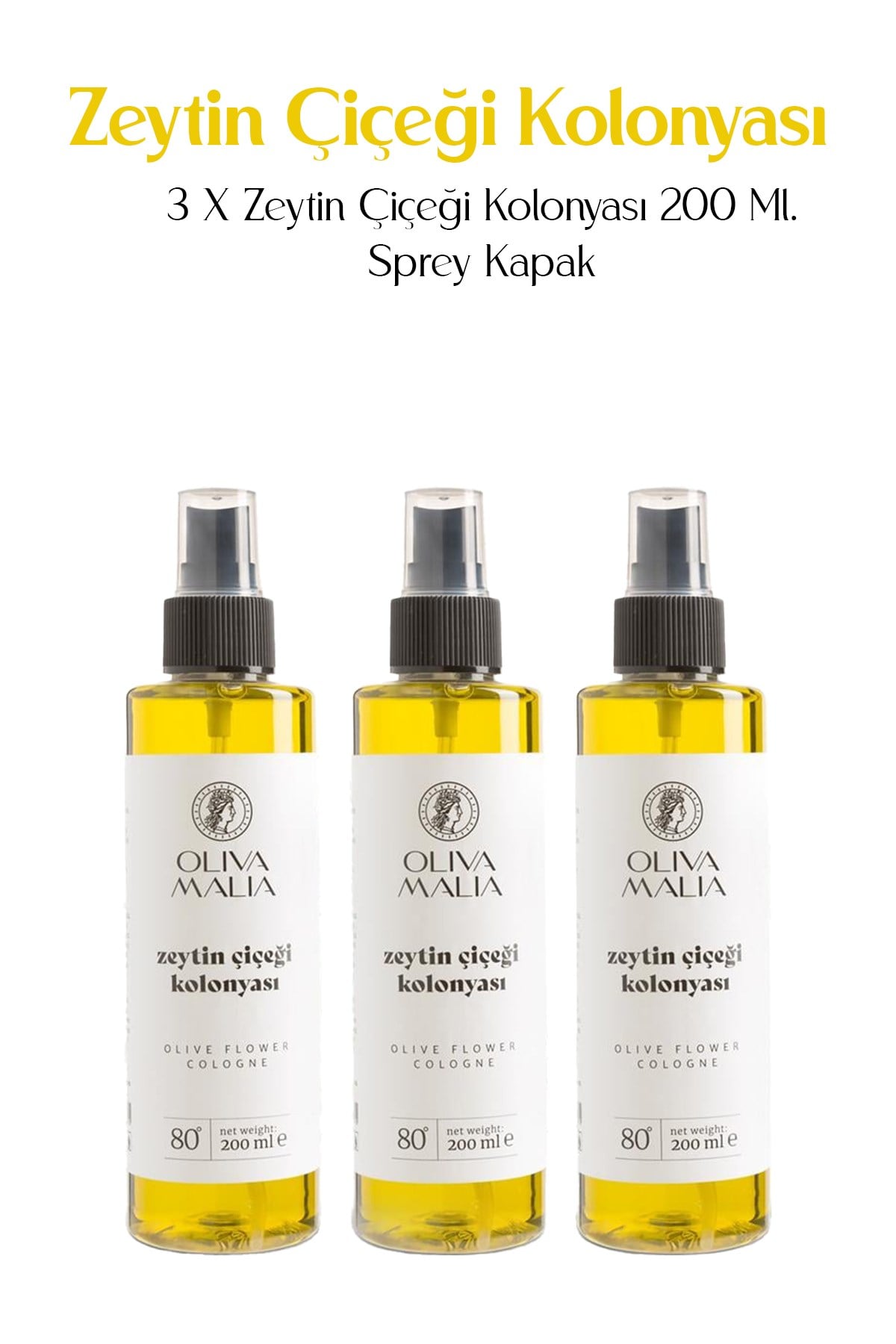 3 X Zeytin Çiçeği Kolonyası 200 Ml. Sprey Kapak