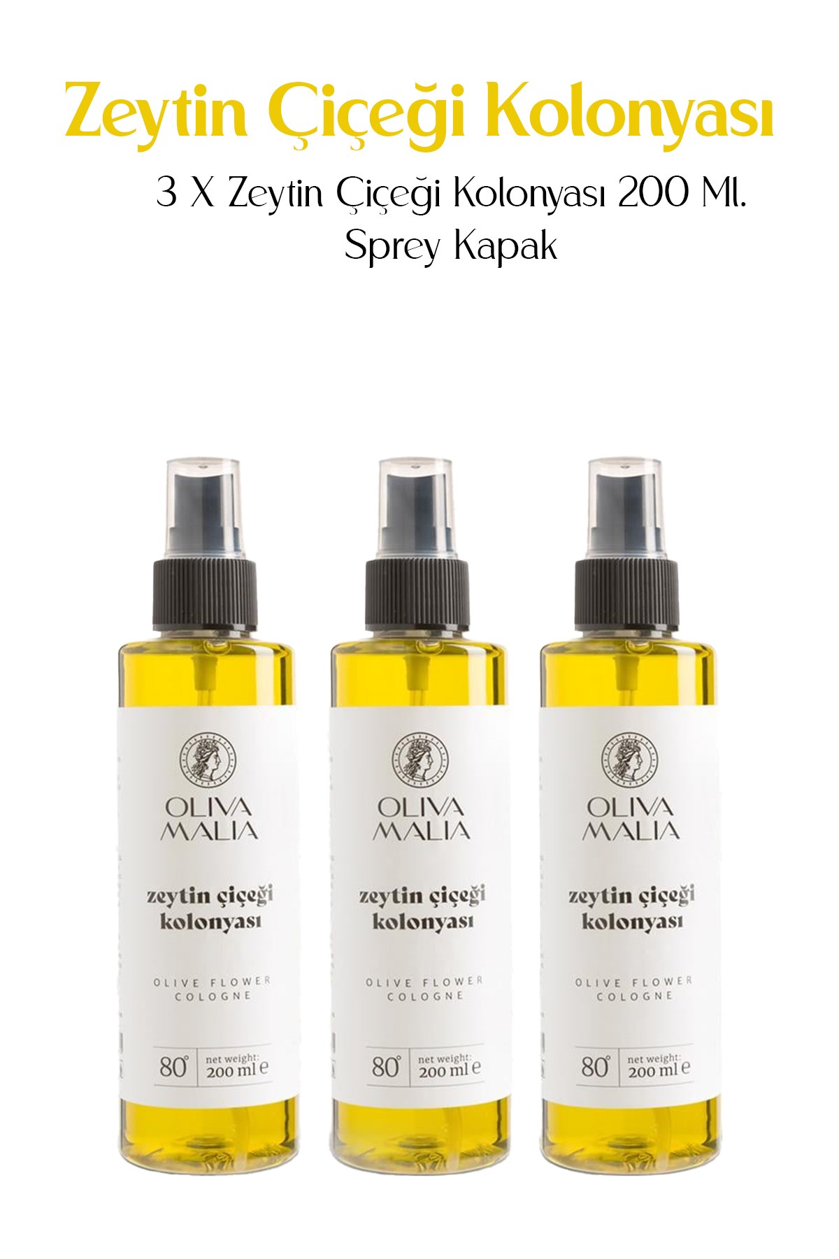 3'lü Zeytin Çiçeği Kolonyası 200 ml Sprey Kapaklı Şişe Seti