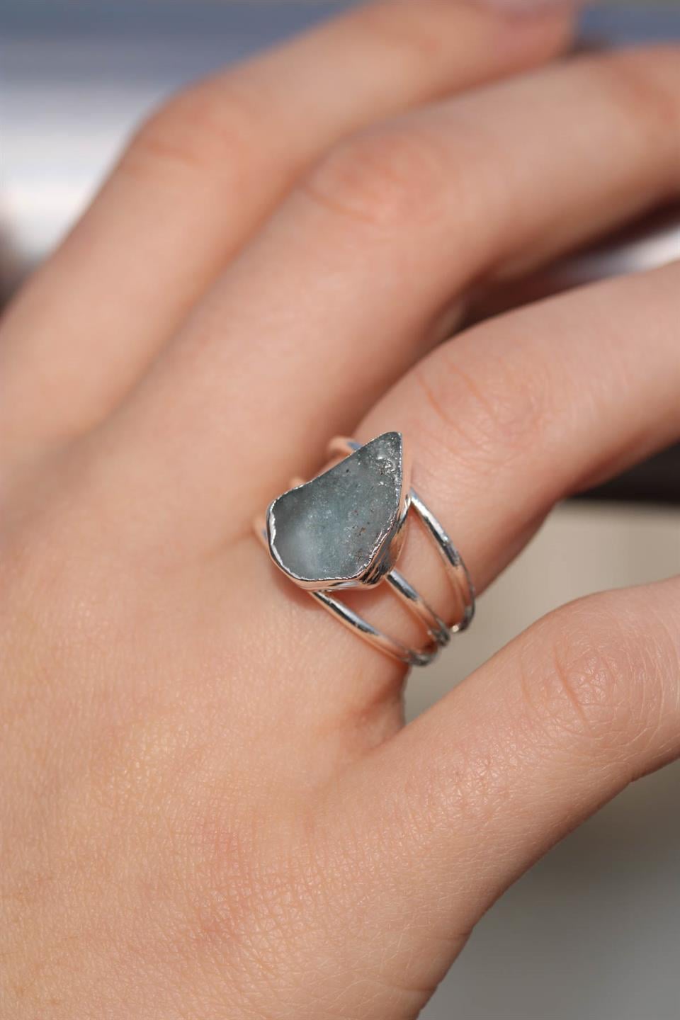 Akumarin Damla Model 3 Telli Gümüş Kaplama Ayarlanabilir Doğal Taş Yüzük