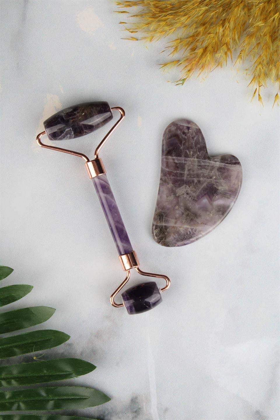 Ametist Doğal Taş Face Roller & Kalp Gua Sha İkili Yüz Masaj Seti