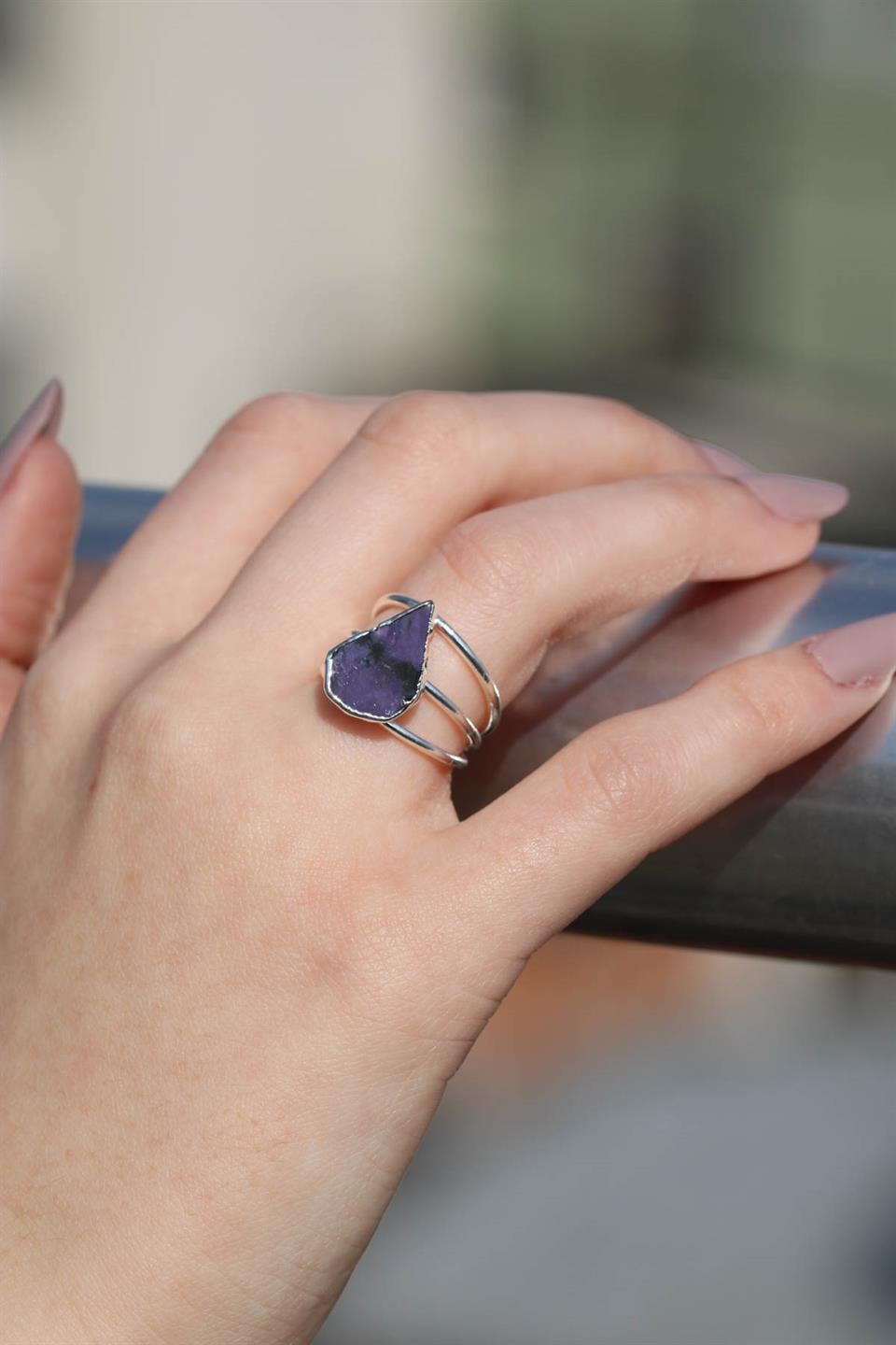 Çeroit Damla Model 3 Telli Gümüş Kaplama Ayarlanabilir Doğal Taş Yüzük