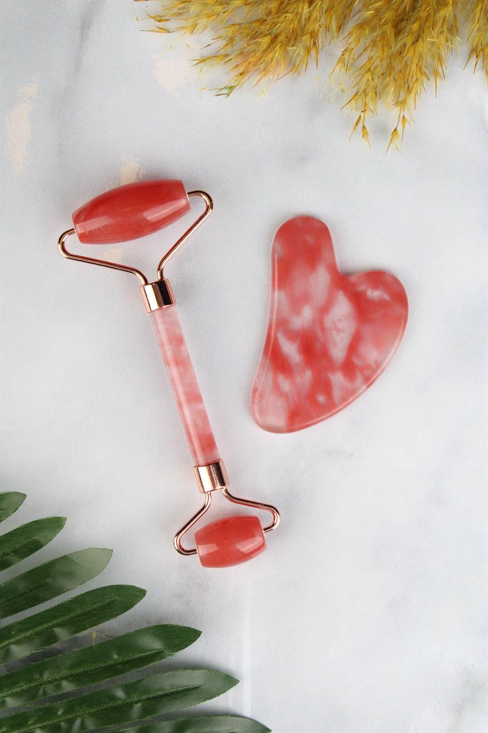 Çilek Kuvars Doğal Taş Face Roller & Kalp Gua Sha İkili Yüz Masaj Seti