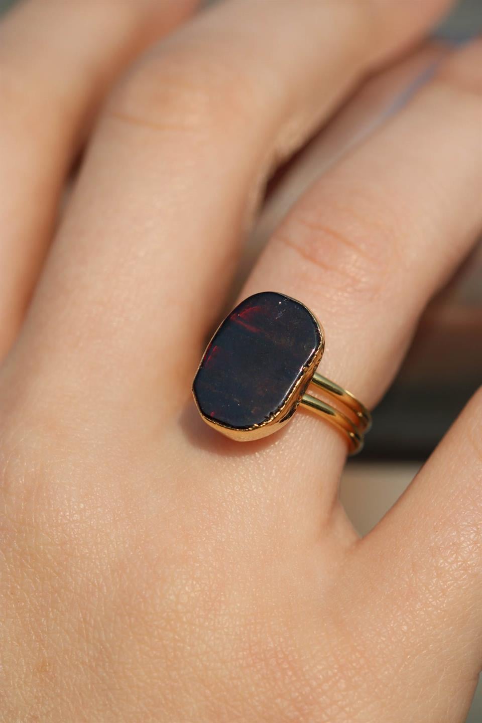 Granat (Garnet-Lal) Oval Model Altın Kaplama Ayarlanabilir Doğal Taş Yüzük