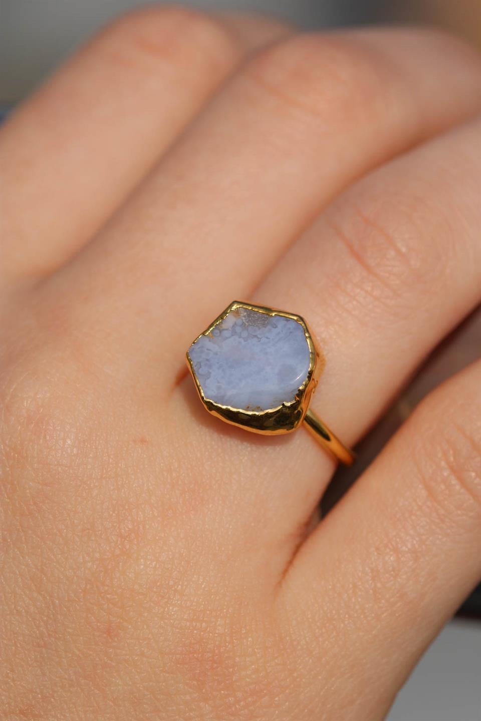 Kalsedon Altıgen Model Altın Kaplama Ayarlanabilir Doğal Taş Yüzük