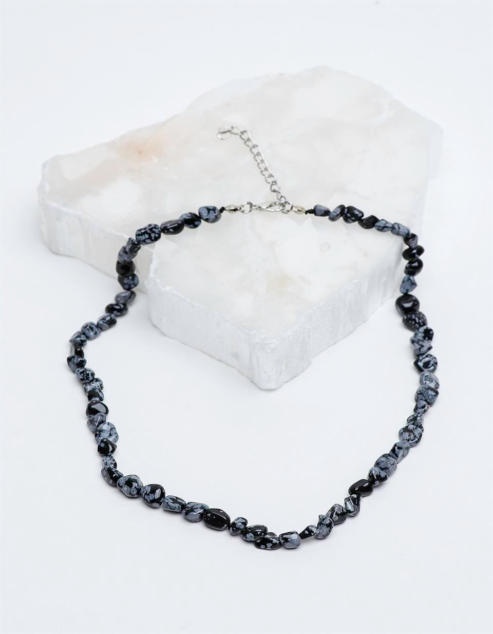 Karlı Obsidyen Tımbıl Kesim Doğal Taş Kolye