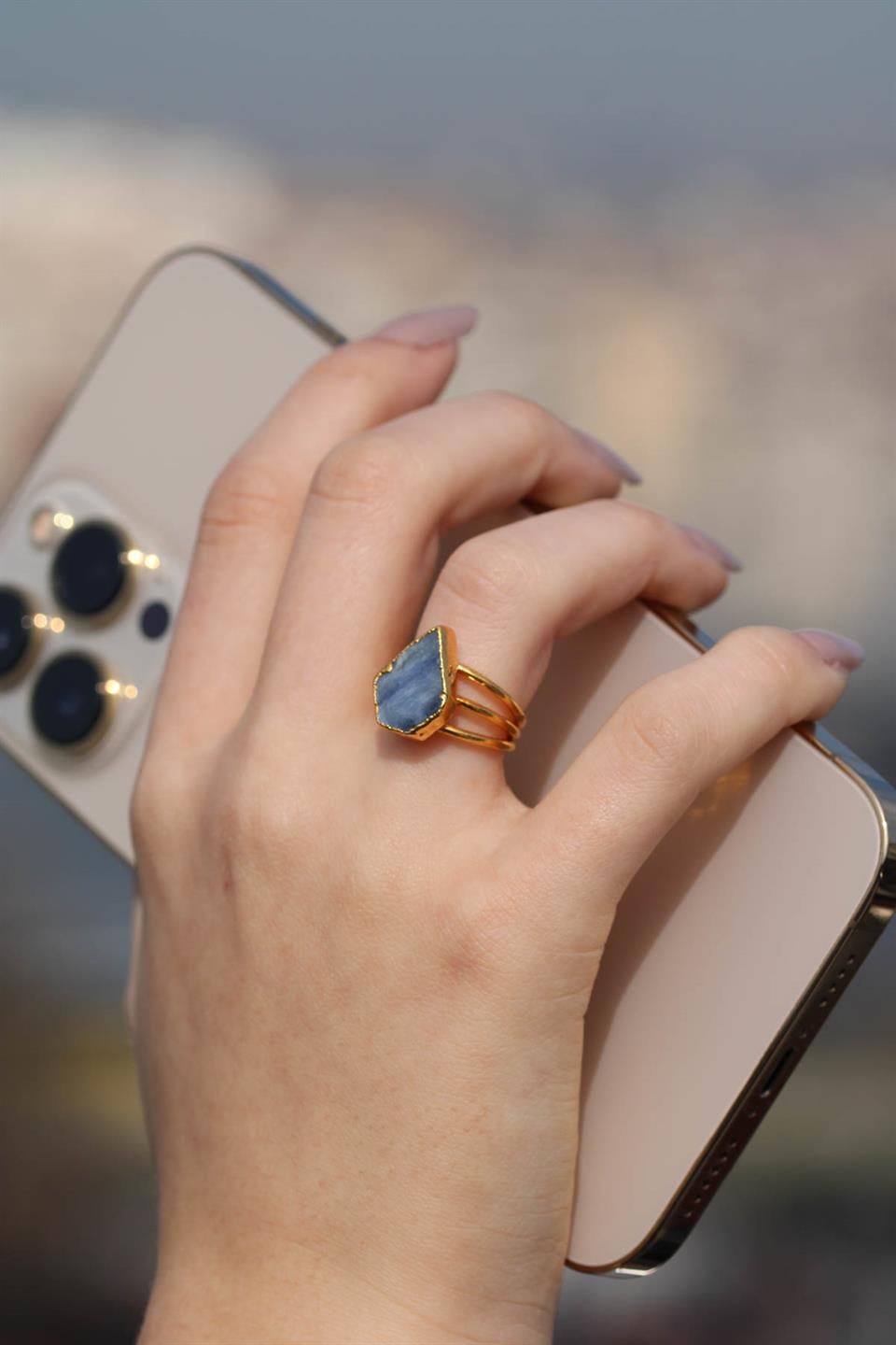 Kyanit Damla Model 3 Telli Altın Kaplama Ayarlanabilir Doğal Taş Yüzük