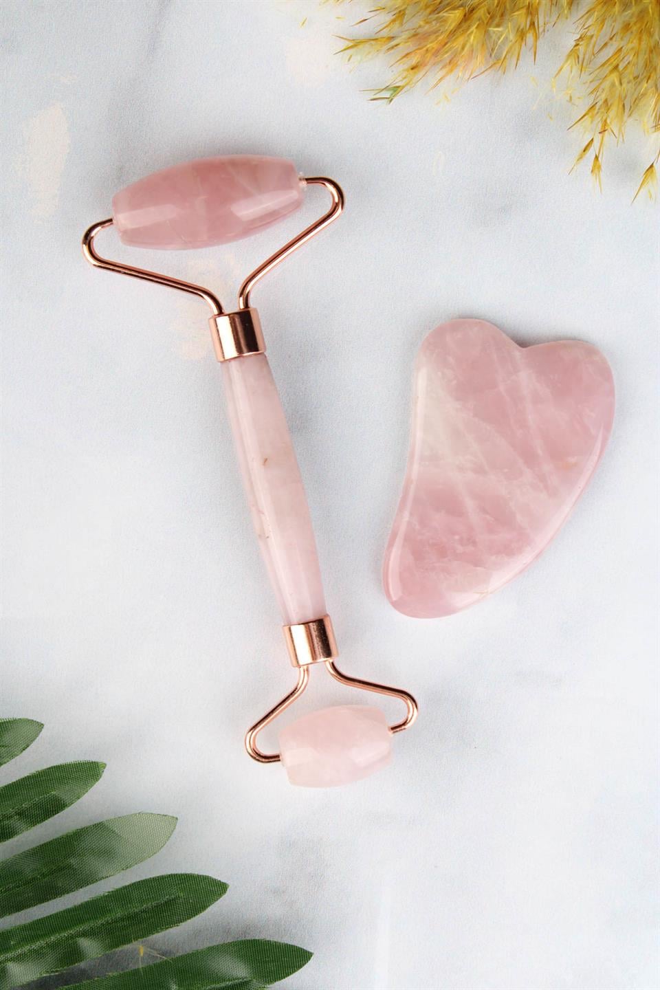 Pembe Kuvars Doğal Taş Face Roller & Mini Kalp Gua Sha İkili Yüz Masaj Seti
