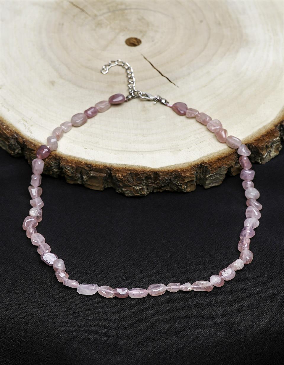 Pembe Kuvars Madagaskar Tımbıl Kesim Doğal Taş Kolye