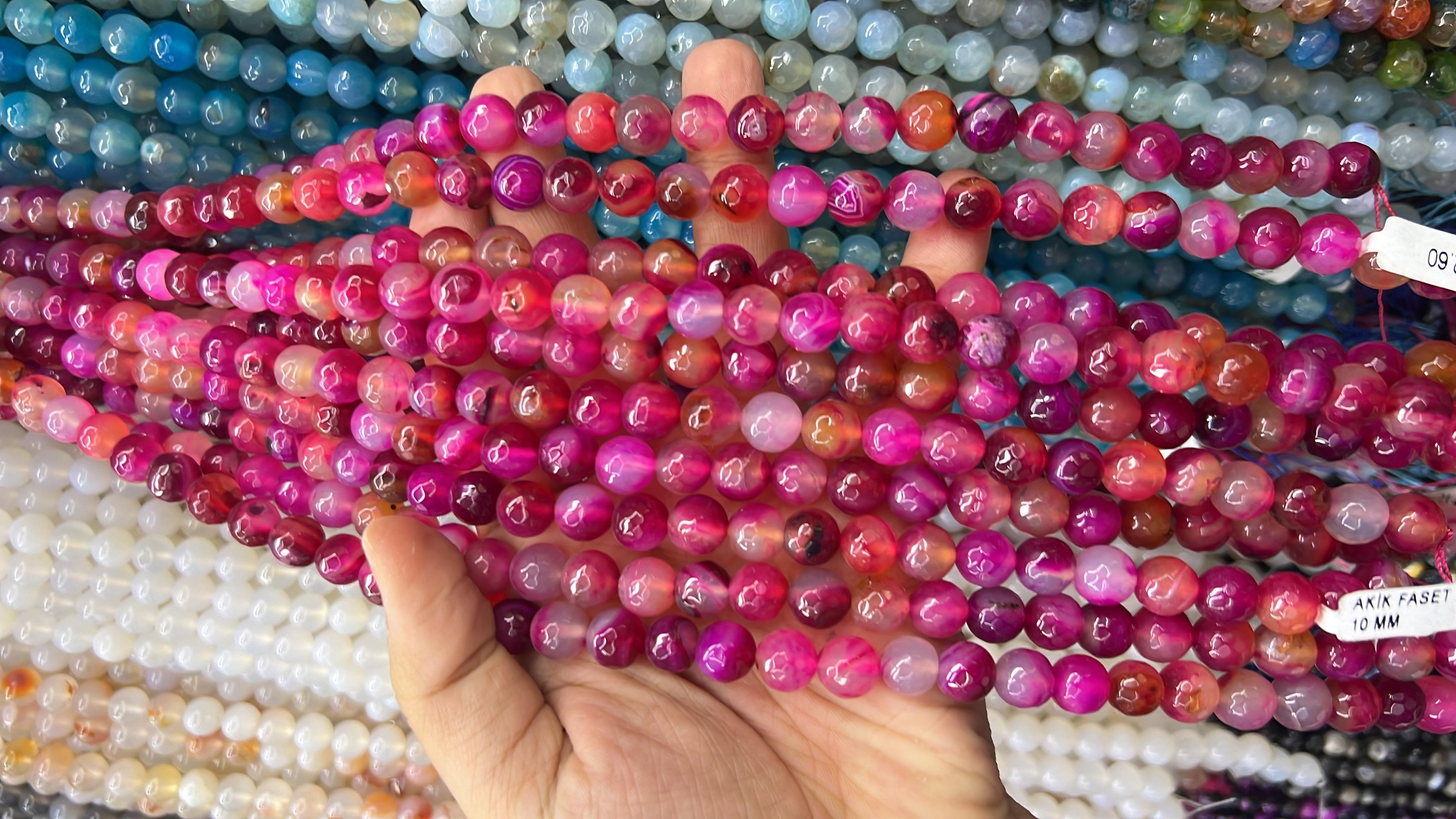 Akik Pembe Renk 10 mm Faset Kesim Dizi