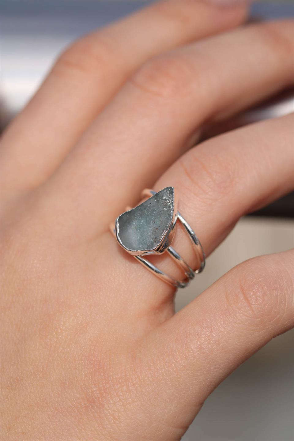 Akumarin Damla Model 3 Telli Gümüş Kaplama Ayarlanabilir Doğal Taş Yüzük