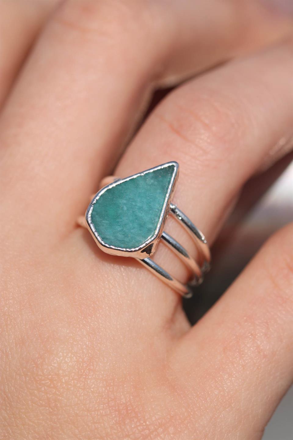 Amazonit Damla Model 3 Telli Gümüş Kaplama Ayarlanabilir Doğal Taş Yüzük