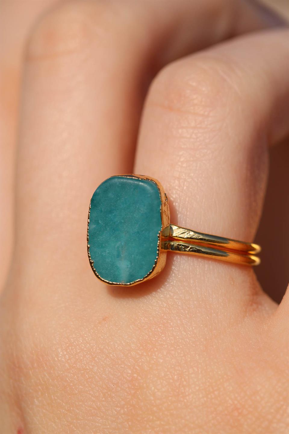 Amazonit Oval Model Altın Kaplama Ayarlanabilir Doğal Taş Yüzük