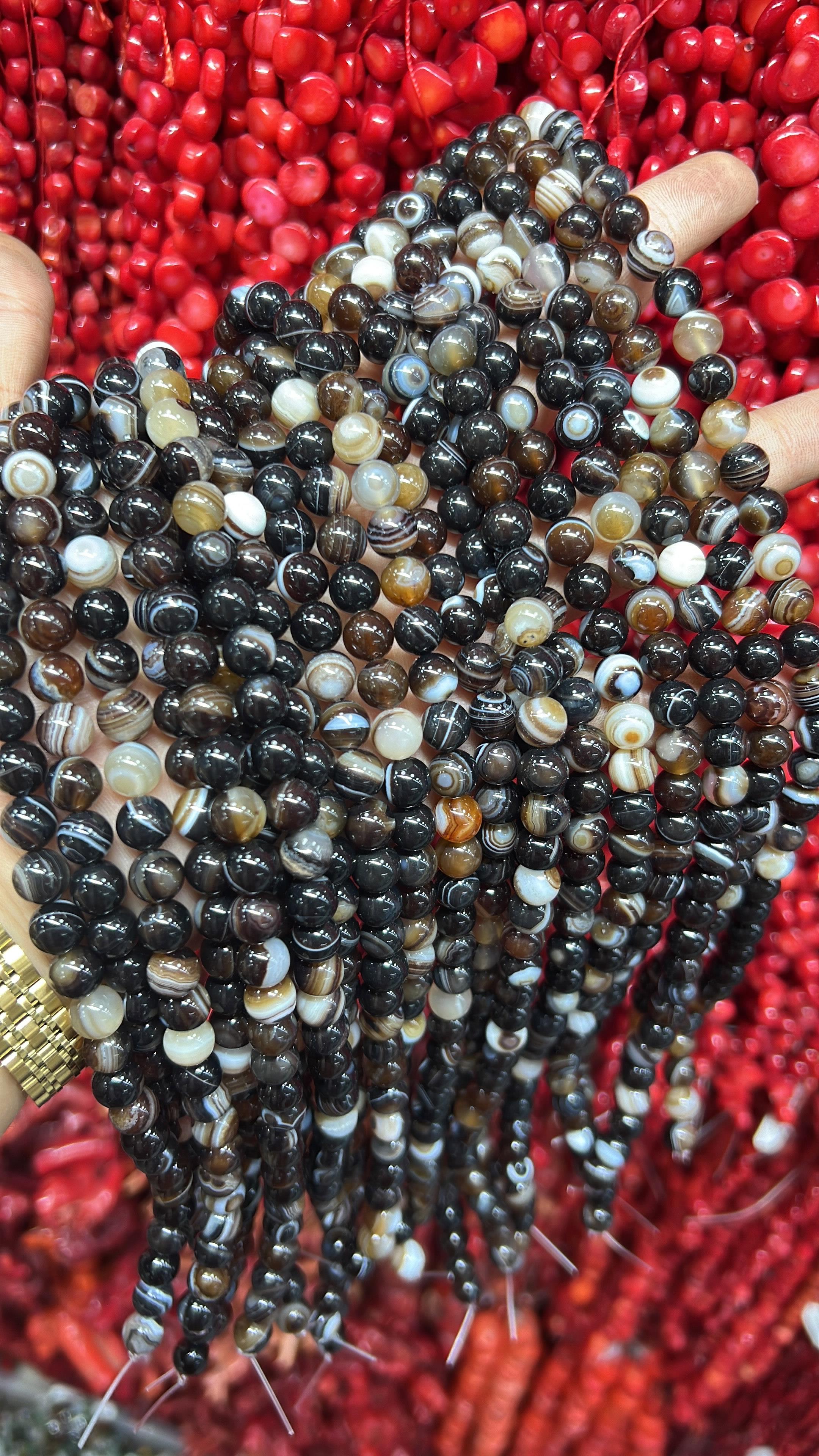 Göz Akik (Madagaskar) Koyu Kahve 8 mm Küre Kesim Doğal Taş Dizi