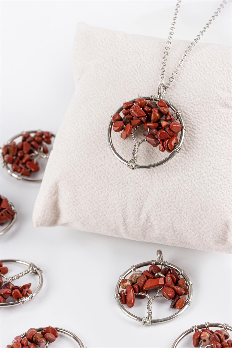 Jasper Kırmızı Hayat Ağacı Model Kolye Ucu