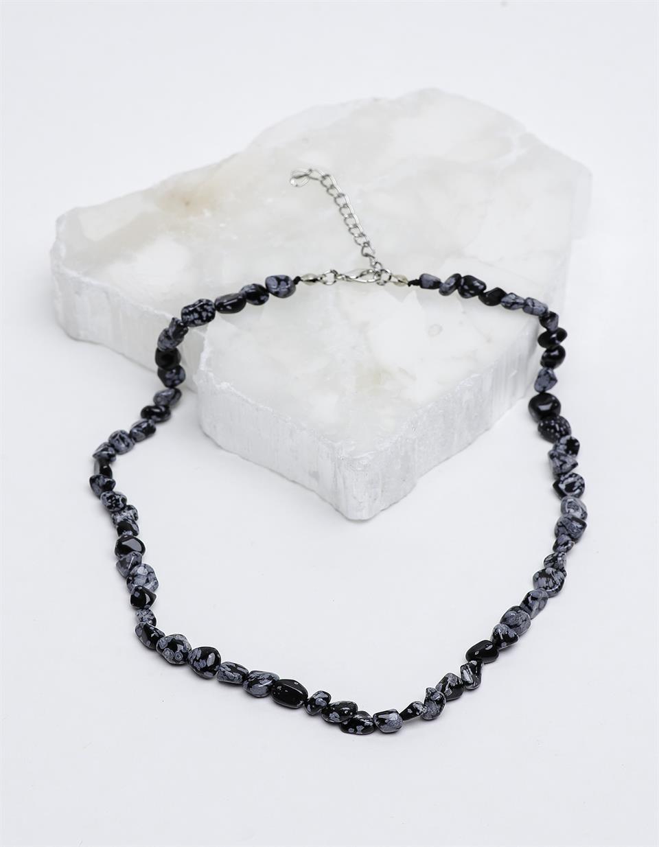 Karlı Obsidyen Tımbıl Kesim Doğal Taş Kolye