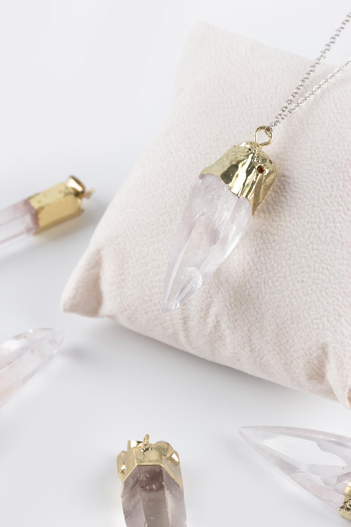 Kristal Kuvars Ham Parça Altın Kaplama Kolye Ucu