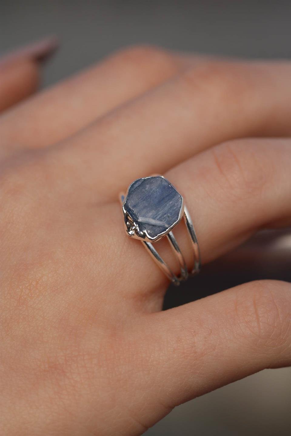 Kyanit Altıgen Model 3 Telli Gümüş Kaplama Ayarlanabilir Doğal Taş Yüzük