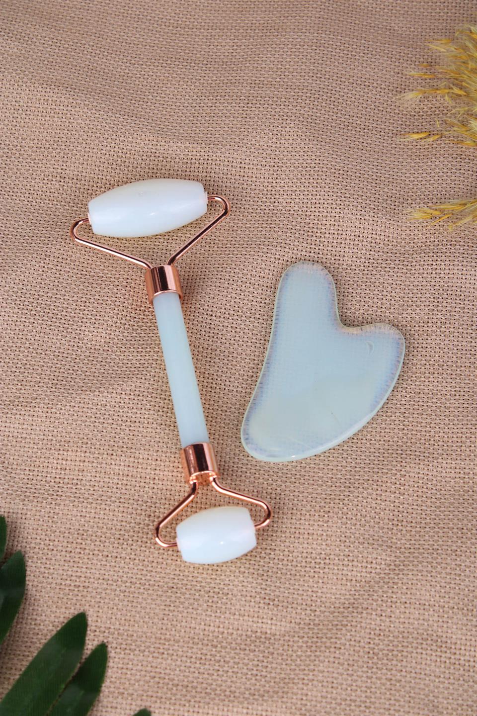 Opalit Face Roller & Kalp Gua Sha İkili Yüz Masaj Seti