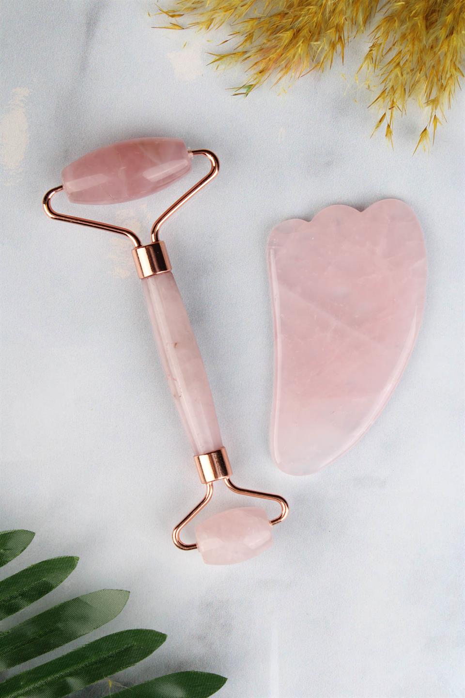 Pembe Kuvars Doğal Taş Face Roller & Kaz Ayak Gua Sha İkili Yüz Masaj Seti