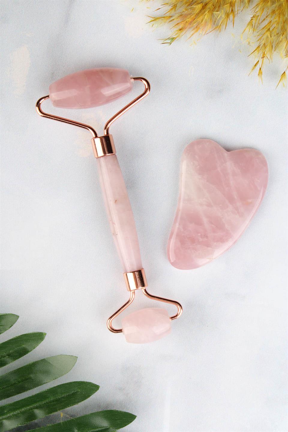 Pembe Kuvars Doğal Taş Face Roller & Mini Kalp Gua Sha İkili Yüz Masaj Seti