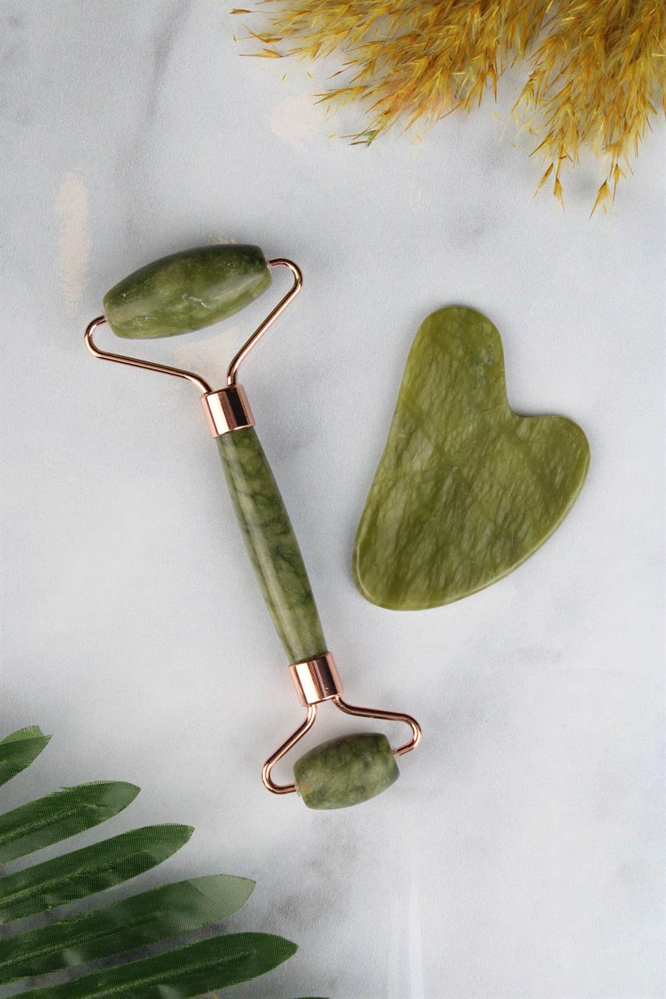 Yeşim (Jade) Doğal Taş Face Roller & Kalp Gua Sha İkili Yüz Masaj Seti