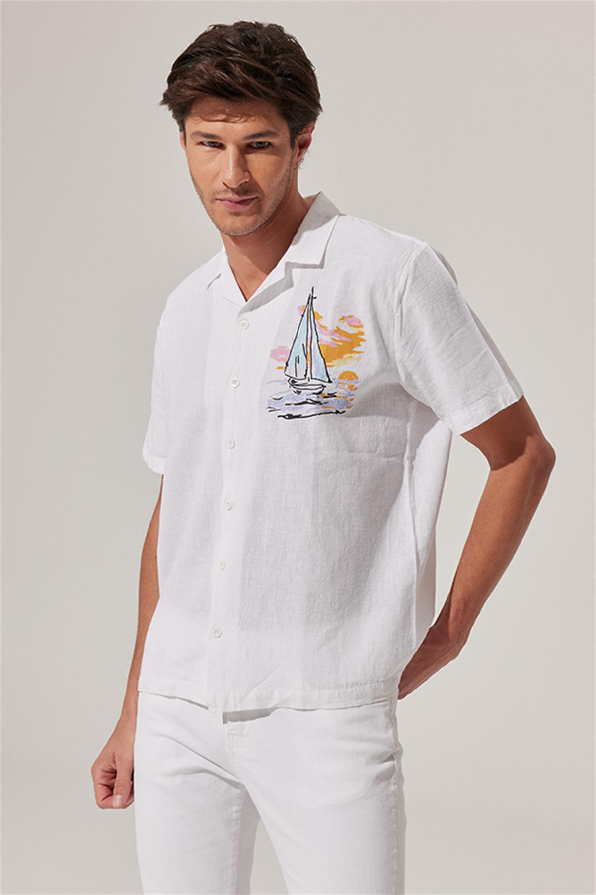 Yelken Baskılı Keten Resort Gömlek