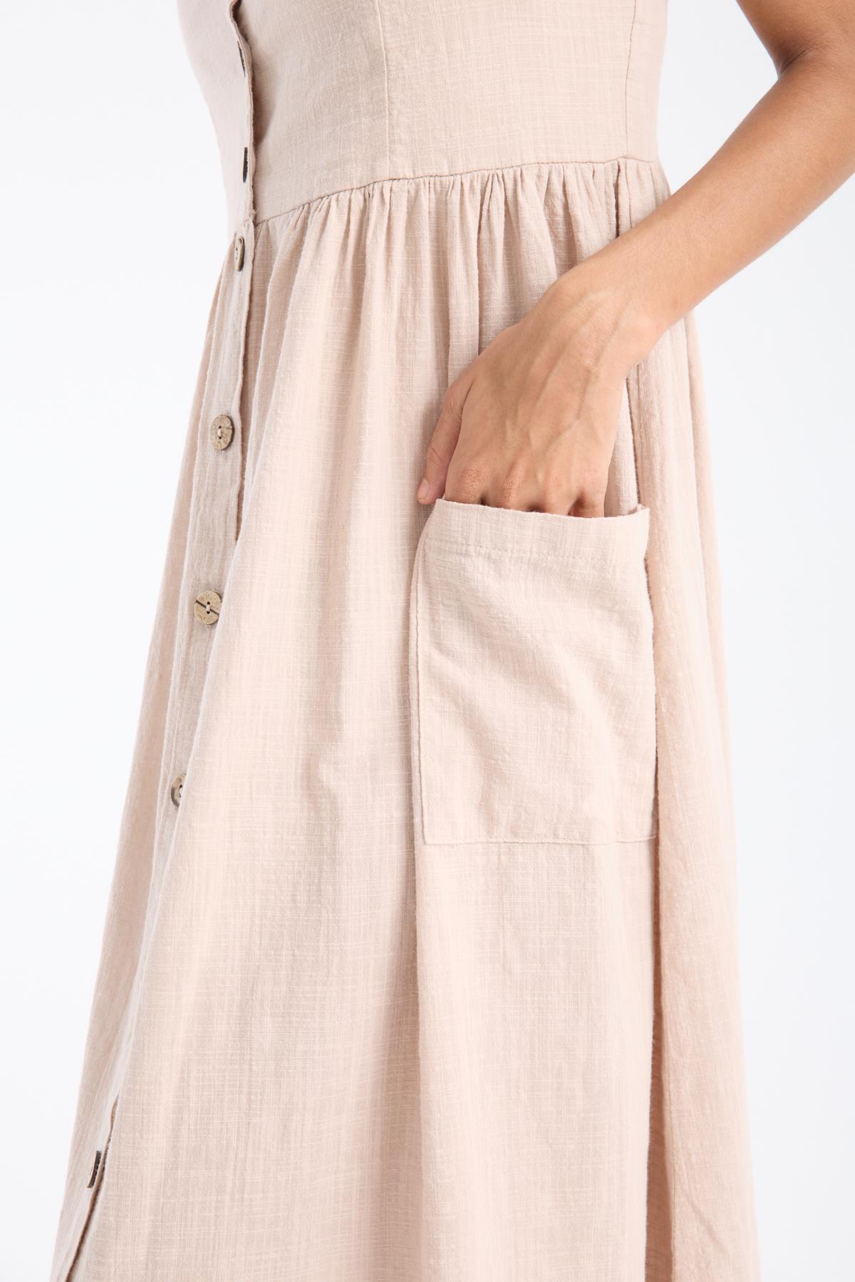 Strappy Coco Buttoned Beige Womens Dress